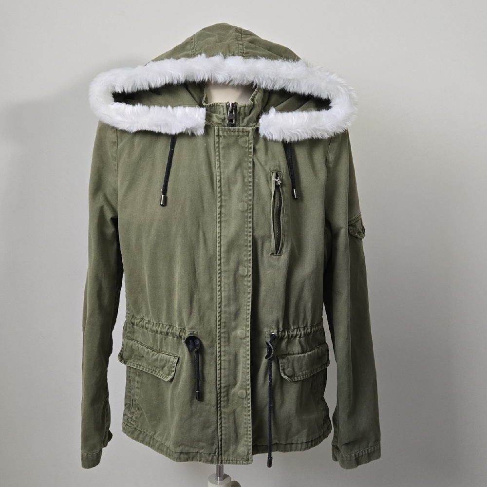 4/$20 ❤️ Forever 21 Olive Green Utility Jacket with White Faux Fur Trim Hood